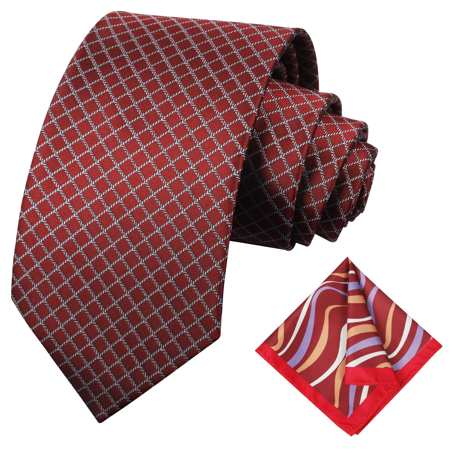 Men's Checkered Tie 3.15inch Necktie and Printed Floral Handkerchief Set, 122