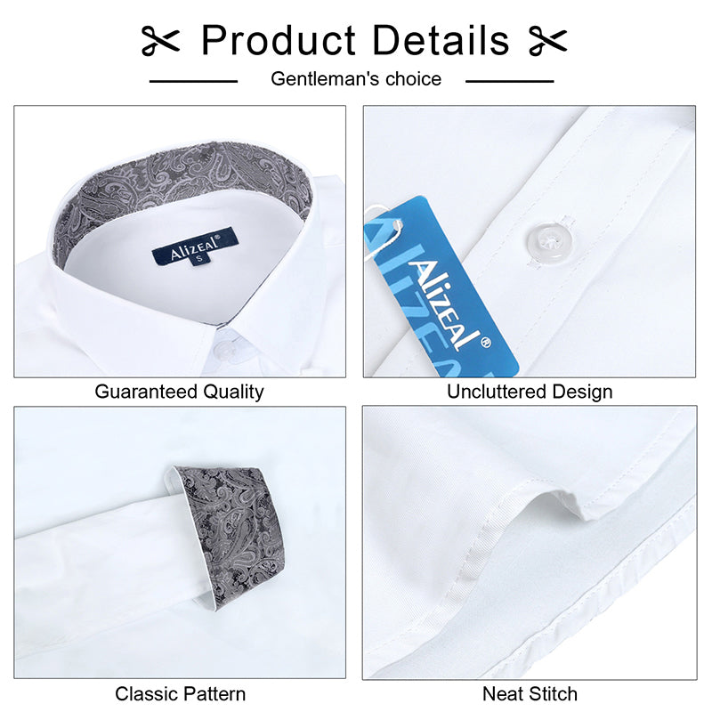 Men's Business Slim Fit Dress Shirt Long Sleeve Patchwork Button-Down Shirt, 004-White+Gray