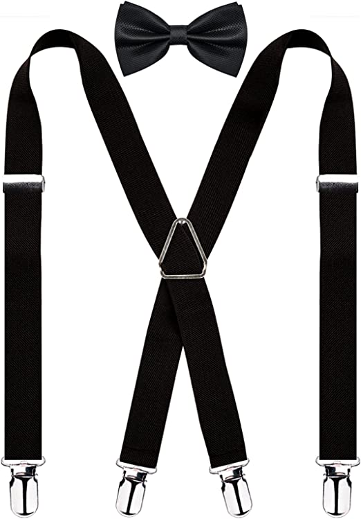 Men's X Back Suspender and Bow Tie Set Elastic Adjustable Braces Set, BD078