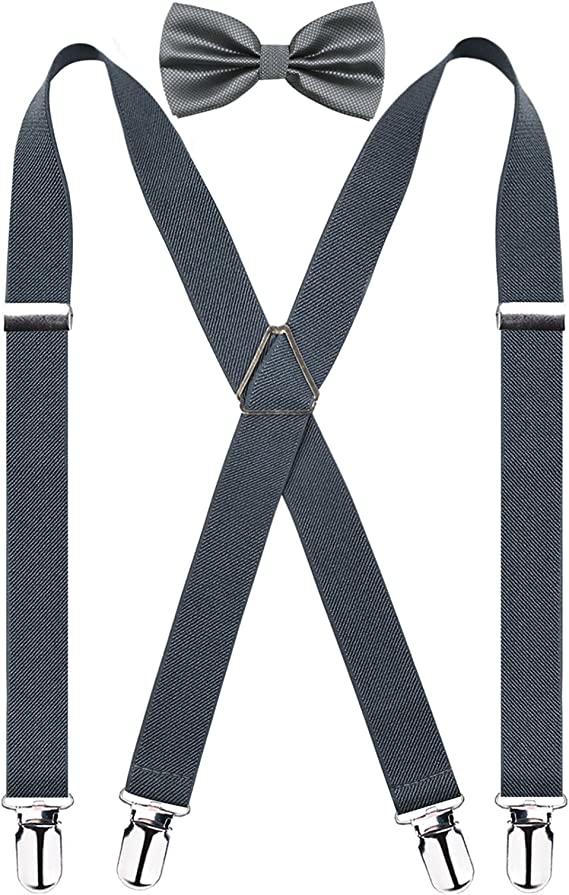 Men's X Back Suspender and Bow Tie Set Elastic Adjustable Braces Set, BD078