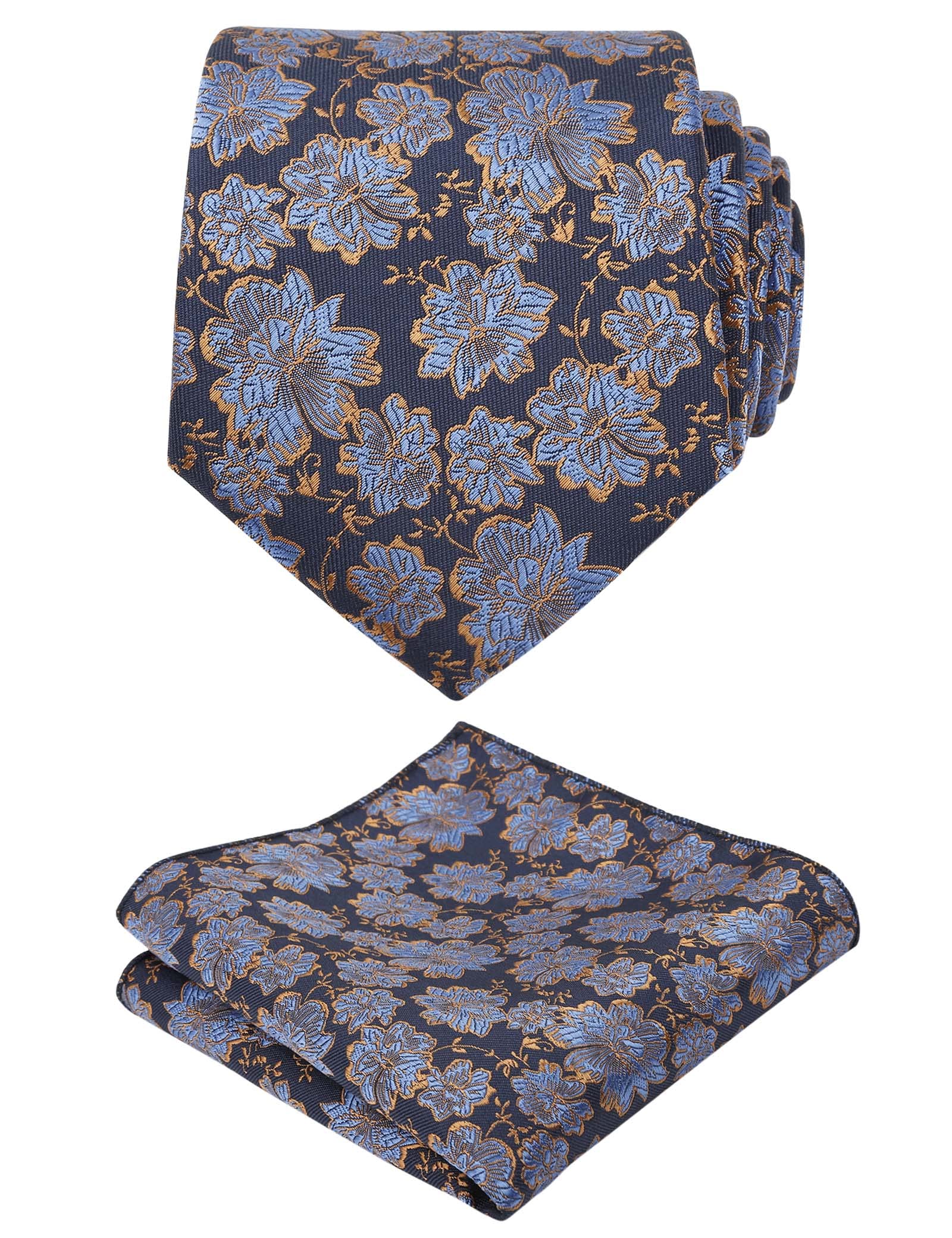 Men's 3.15inches Rose Flower Pattern Tie with Floral Printed Pocket Square Set, 145