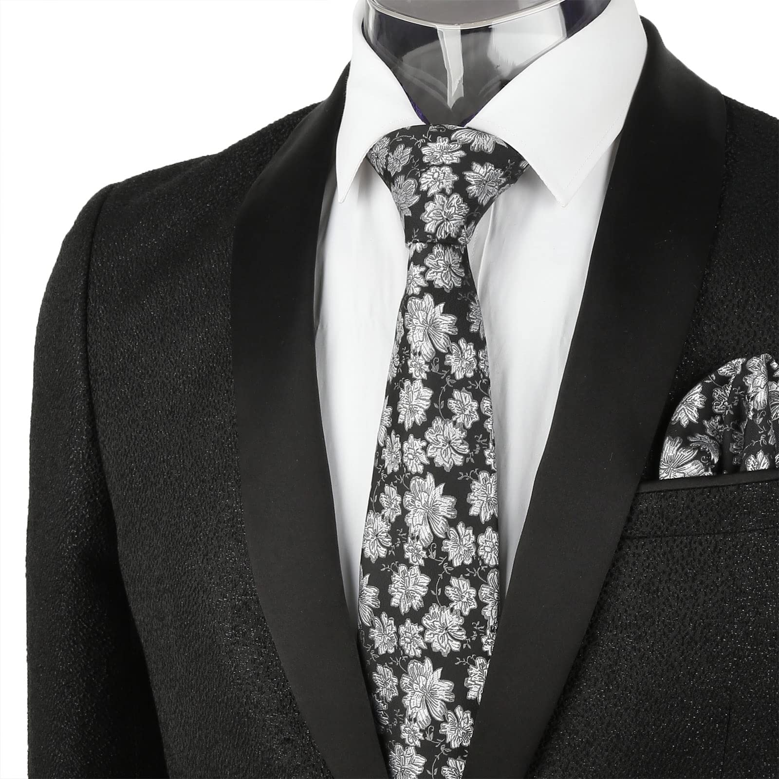 Men's 3.15inches Rose Flower Pattern Tie with Floral Printed Pocket Square Set, 145