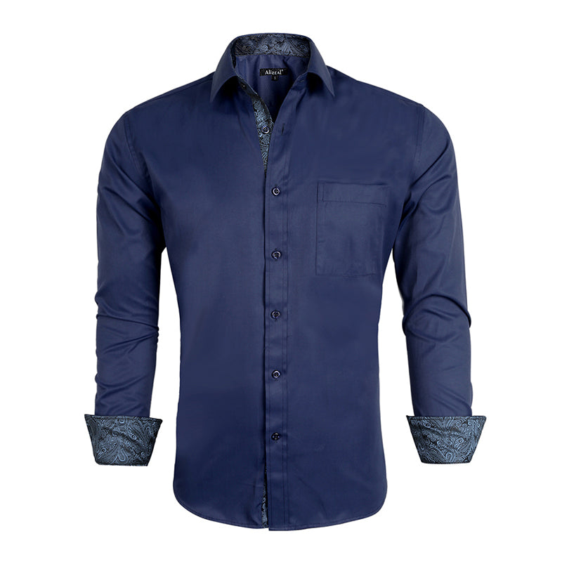 Men's Business Slim Fit Dress Shirt Long Sleeve Patchwork Button-Down Shirt, 004-Navy+Navy