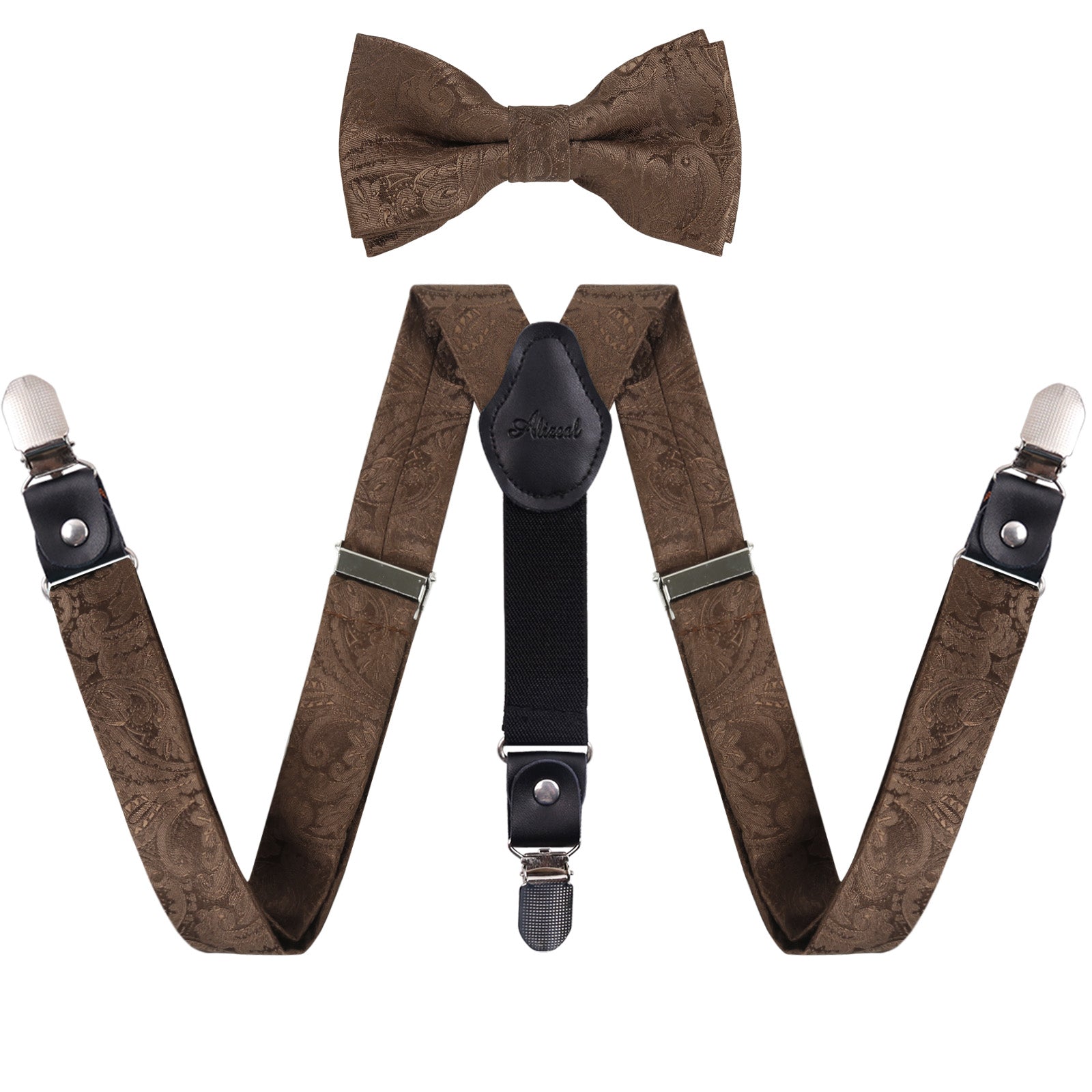 Boy's Adjustable Floral Paisley Pre-tied Bow Tie and Elastic Y Shape 3 Clips Suspenders Set, BD075