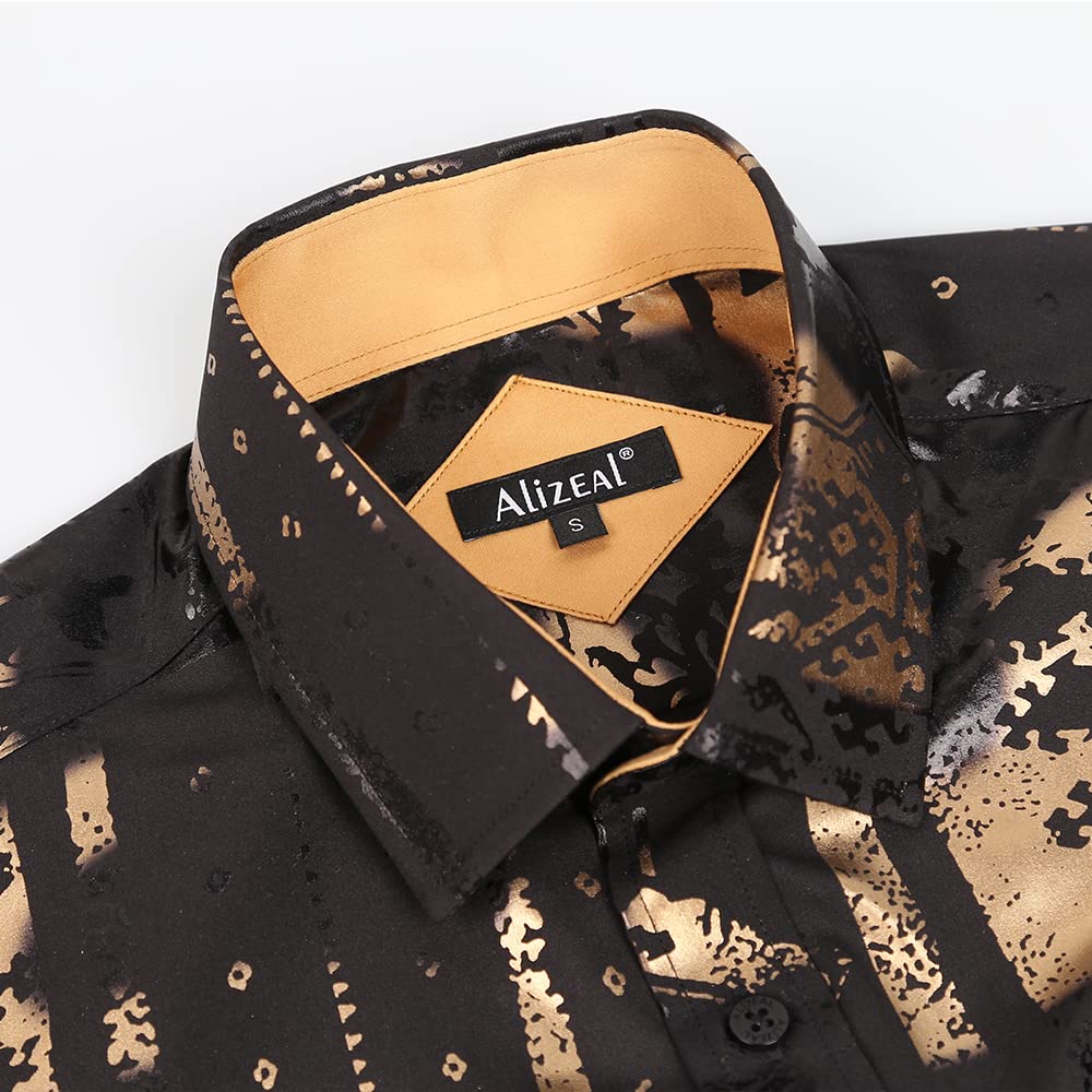 Alizeal Men's Lapel Bronzing Shirt Casual Slim Fit Shiny Pattern Button-Down Long Sleeve Shirt, 009-Baroque