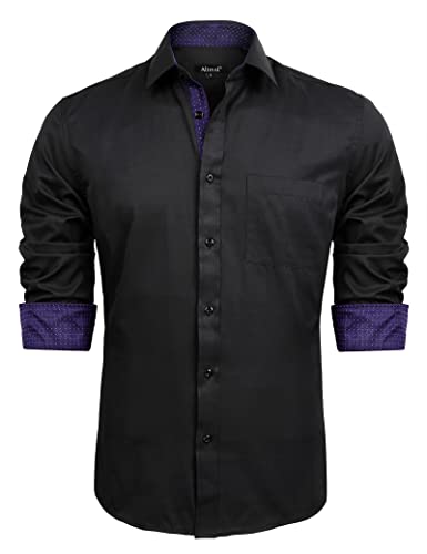 Men's Long Sleeve Dress Shirts Polka Dot Patchwork Button Down Formal Shirts, 116-Black+Purple Dots