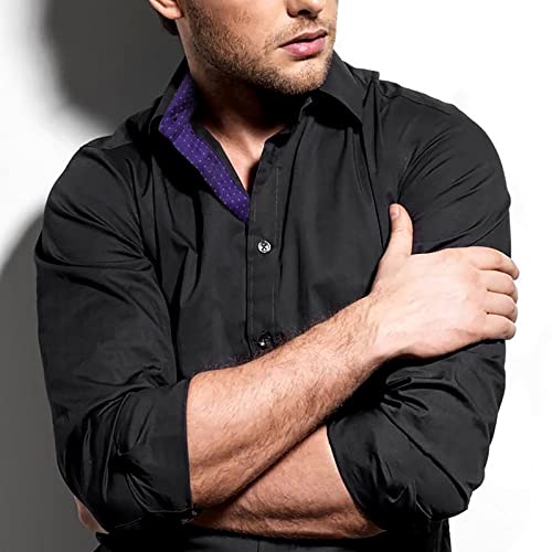 Men's Long Sleeve Dress Shirts Polka Dot Patchwork Button Down Formal Shirts, 116-Black+Purple Dots