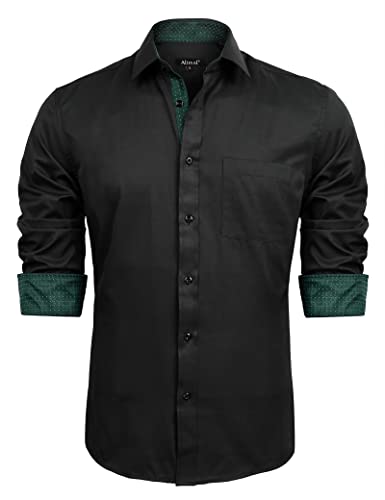 Men's Long Sleeve Dress Shirts Polka Dot Patchwork Button Down Formal Shirts, 116-Black+Dark Green Dots