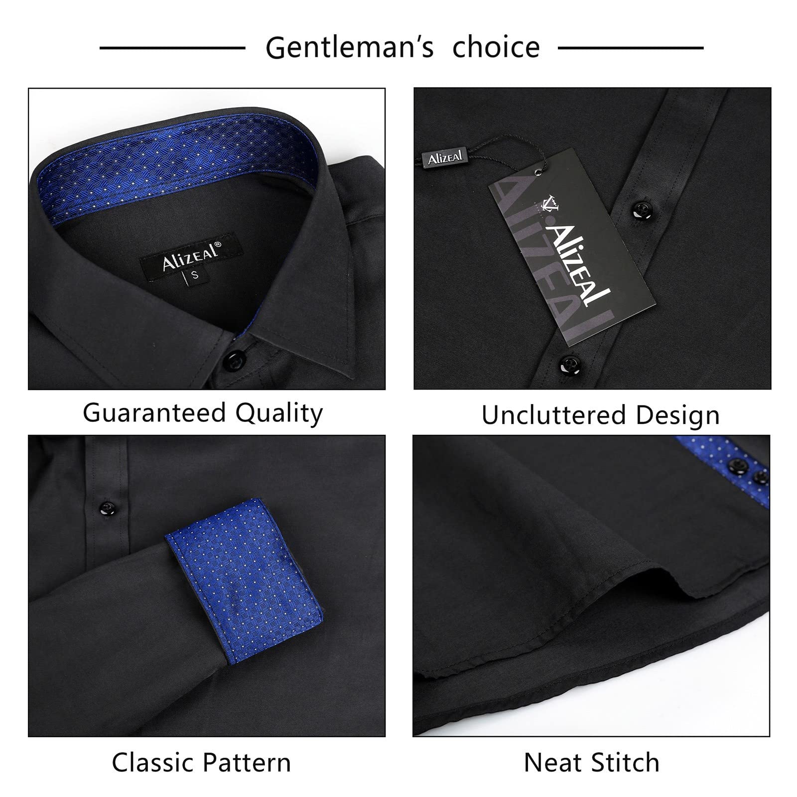 Men's Long Sleeve Dress Shirts Polka Dot Patchwork Button Down Formal Shirts, 116-Black+Royal Blue Dots