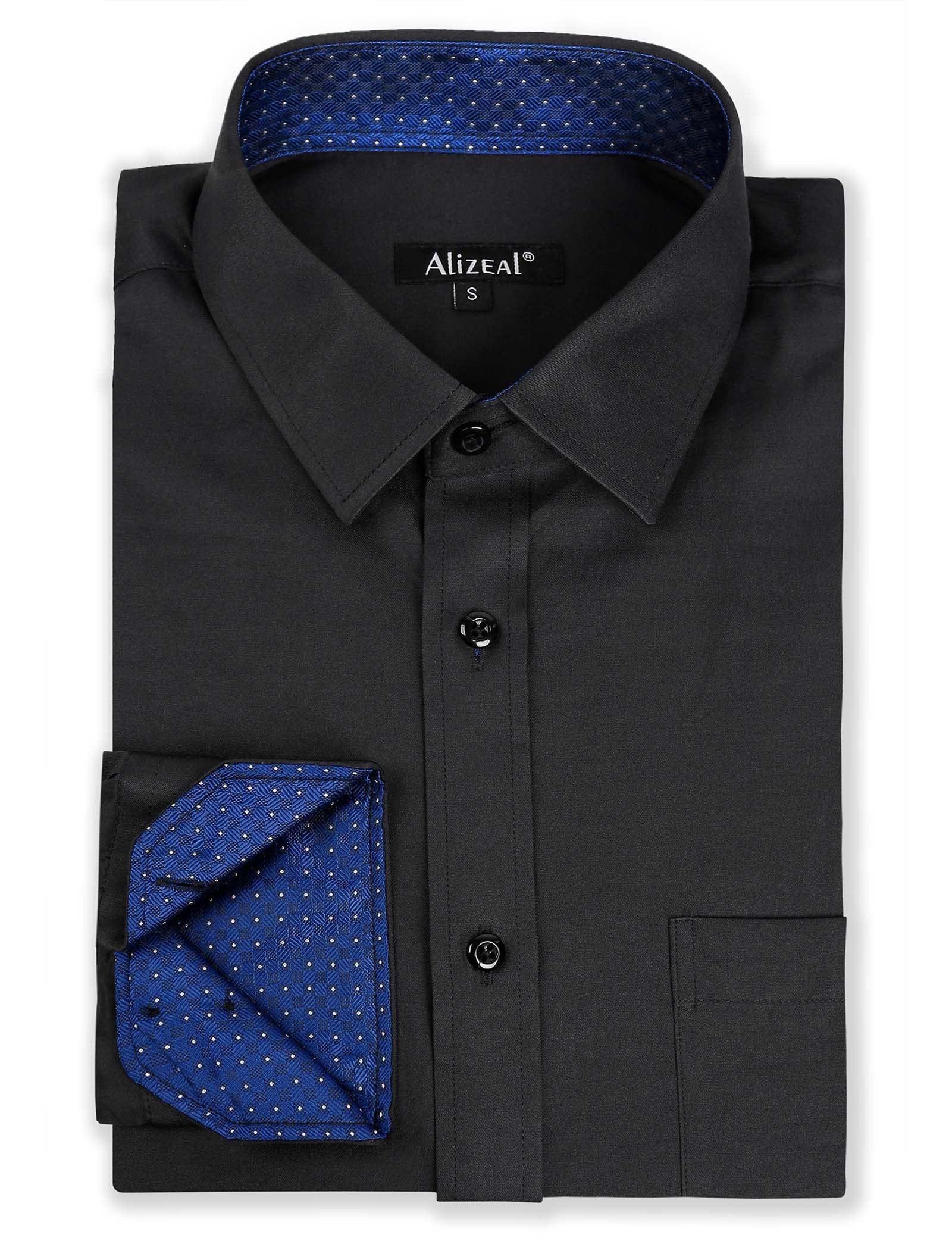 Men's Long Sleeve Dress Shirts Polka Dot Patchwork Button Down Formal Shirts, 116-Black+Royal Blue Dots