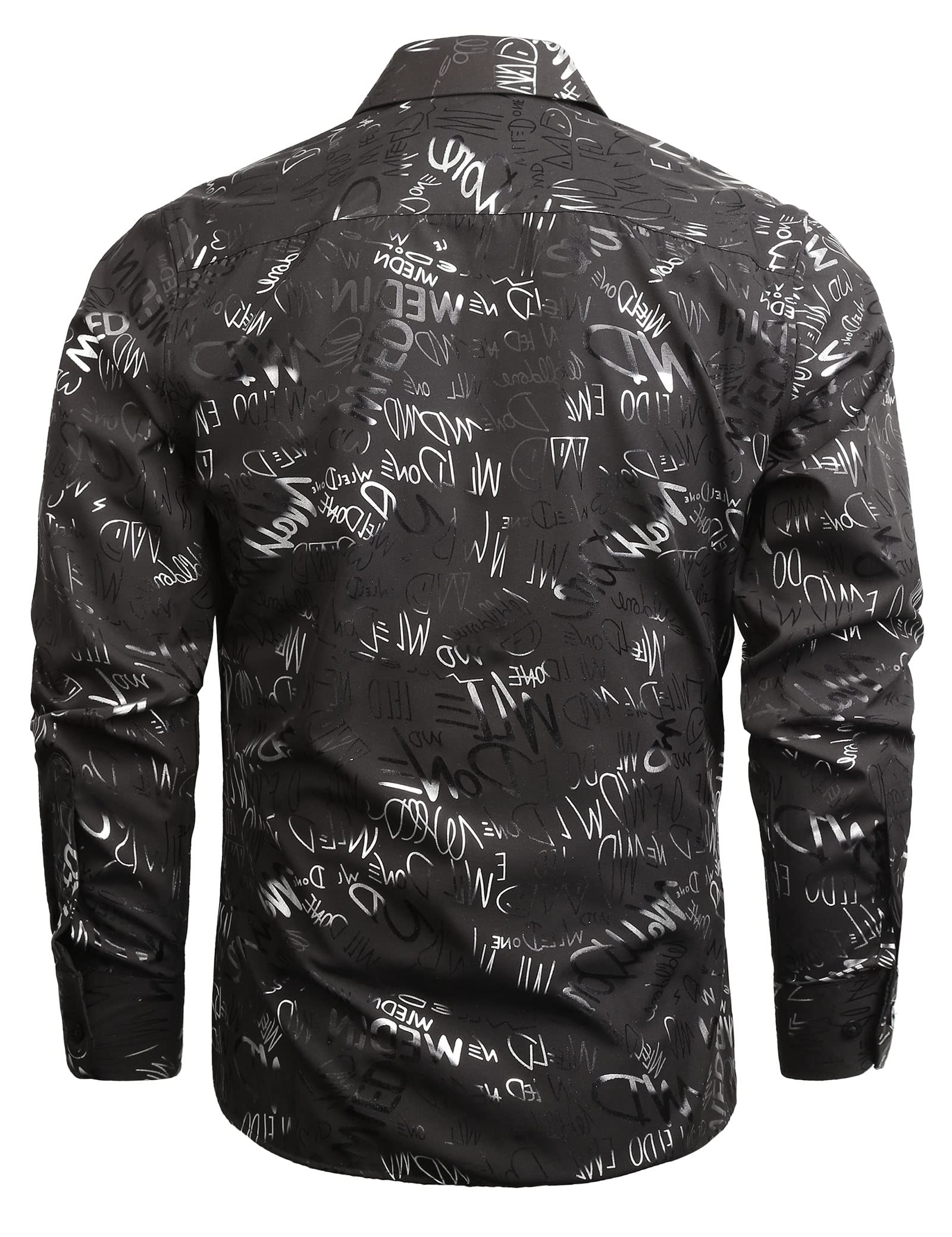 Men's Lapel Bronzing Shirt Casual Slim Fit Shiny Pattern Button-Down Long Sleeve Shirt, 009-Graffiti