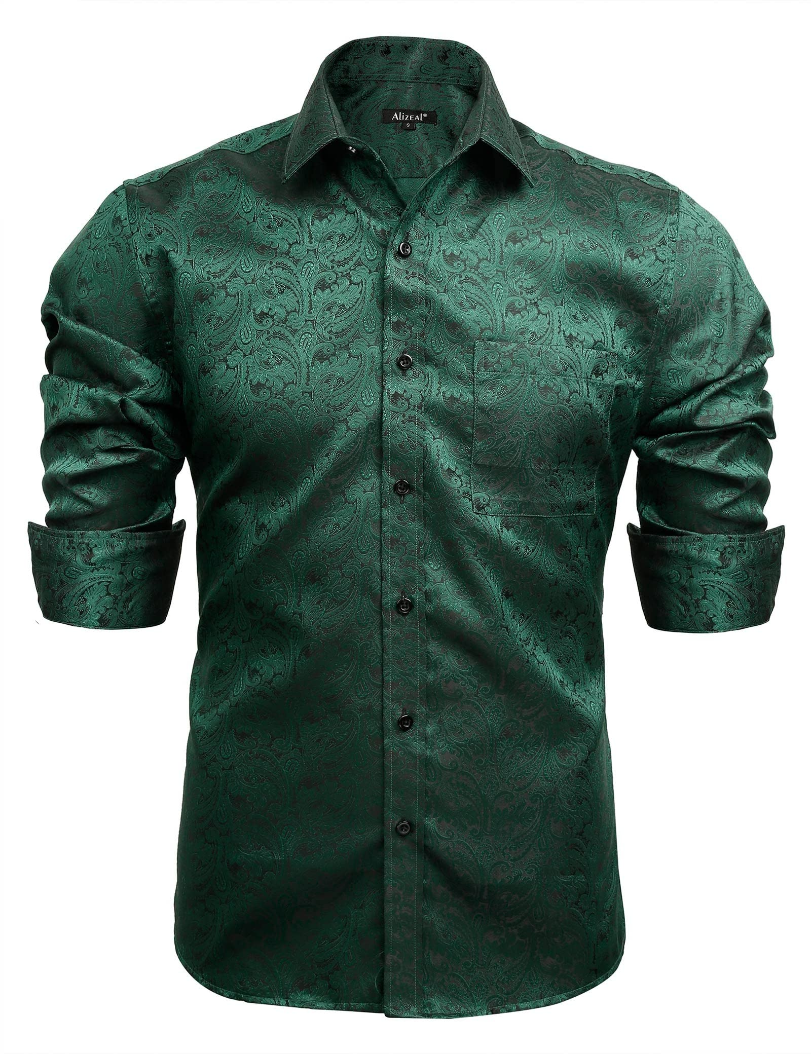 Men's Paisley Jacquard Dress Shirt Classic Slim Fit Button-Down Long Sleeve Shirt, 113-Dark Green