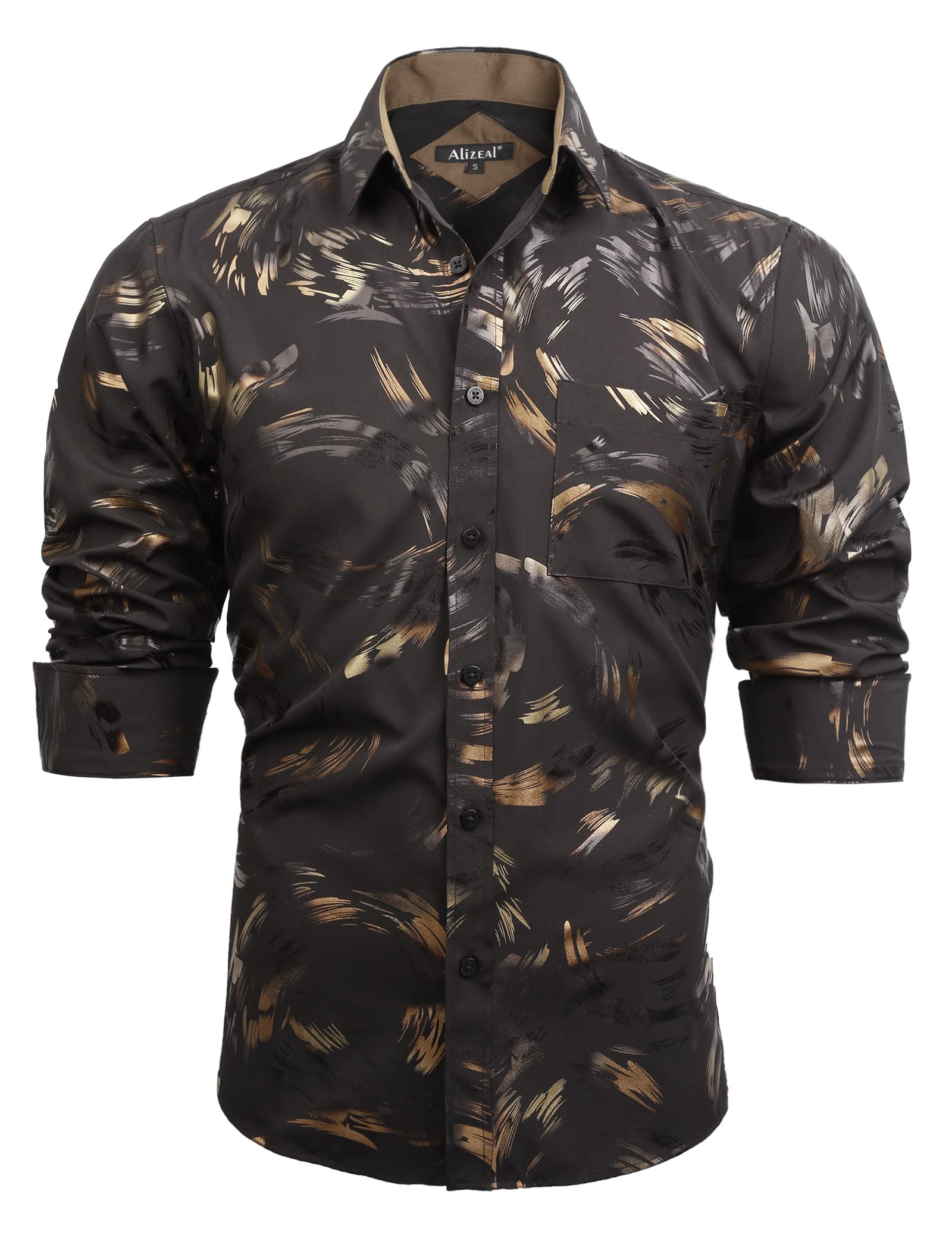 Men's Lapel Bronzing Shirt Casual Slim Fit Shiny Pattern Button-Down Long Sleeve Shirt, 009-Feather