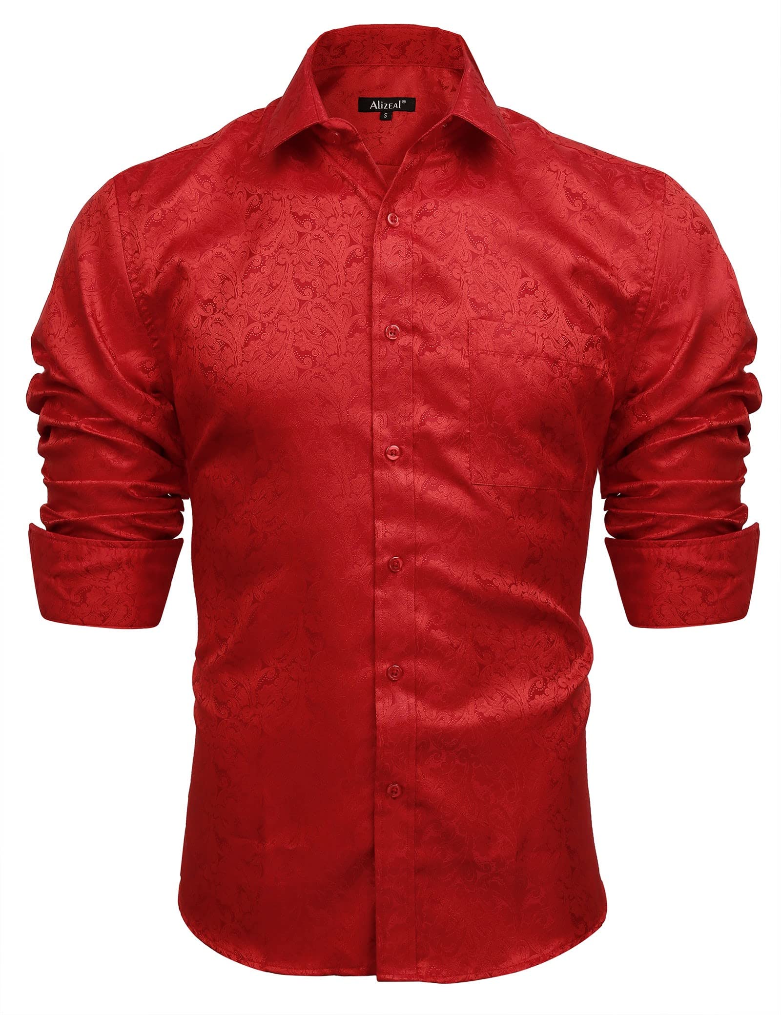 Men's Paisley Jacquard Dress Shirt Classic Slim Fit Button-Down Long Sleeve Shirt, 113-Red